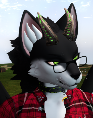 A screenshot from Second Life, showing a closeup of an anthro cat-dragon's head. She's got tuxedo patterned fur, green eyes, horns with green glowing spots, and thick rimmed nerd glasses.